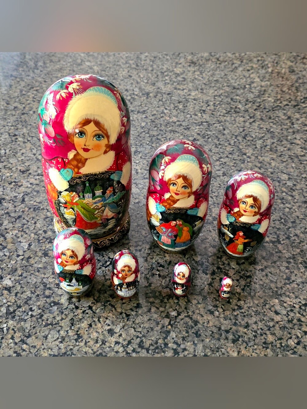 Signed Russian Matryoshka Nesting Dolls 7pc Denisova Hand Painted Winter holiday
